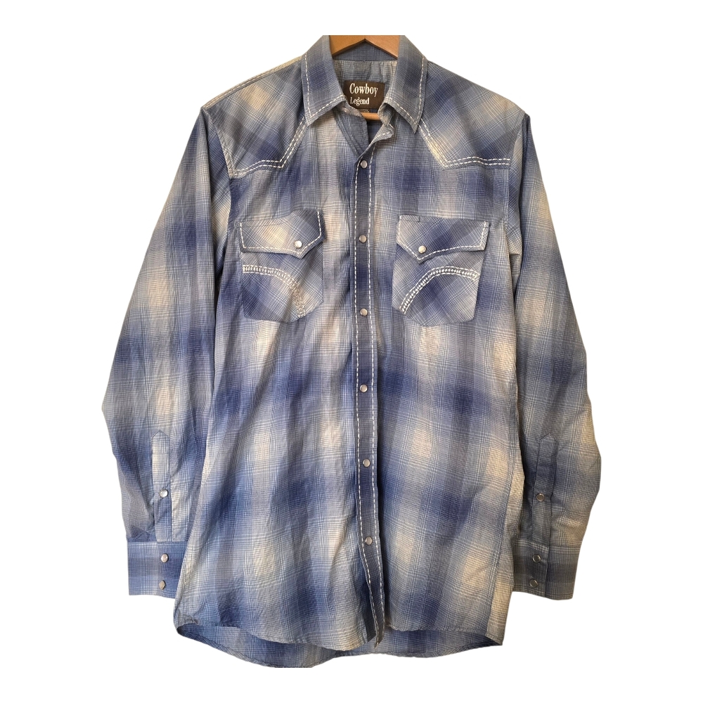 Cowboy Legend Men’s Western Blue Plaid Shirt Med Pearl Snap Embroidered Rodeo